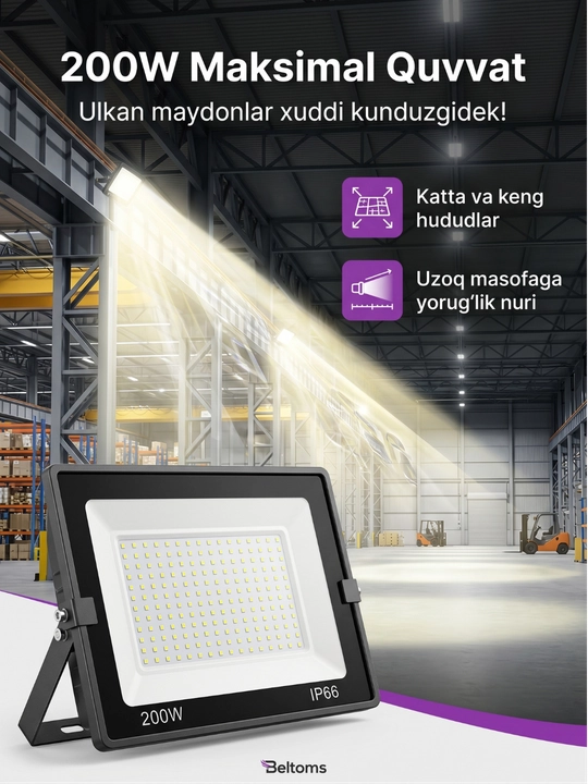 Beltoms Svetodiodli LED Projektor 200W — Yuqori sifatli chiplar, o'ta kuchli sanoat