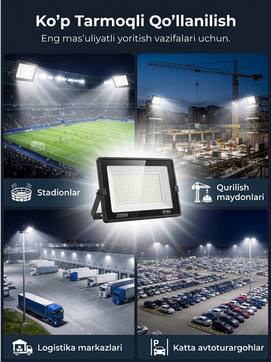 Beltoms Svetodiodli LED Projektor 200W — Yuqori sifatli chiplar, o'ta kuchli sanoat