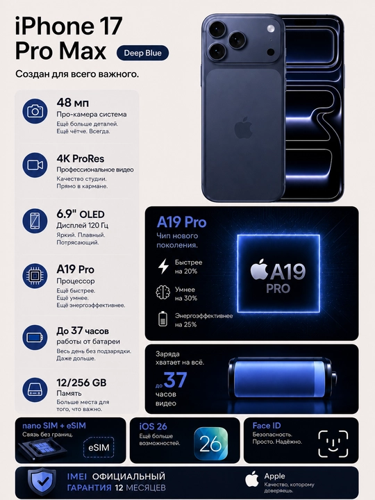 Apple iPhone 17 Pro Max 256GB, SIM + eSIM, IMEI пройден, Гарантия 1 год