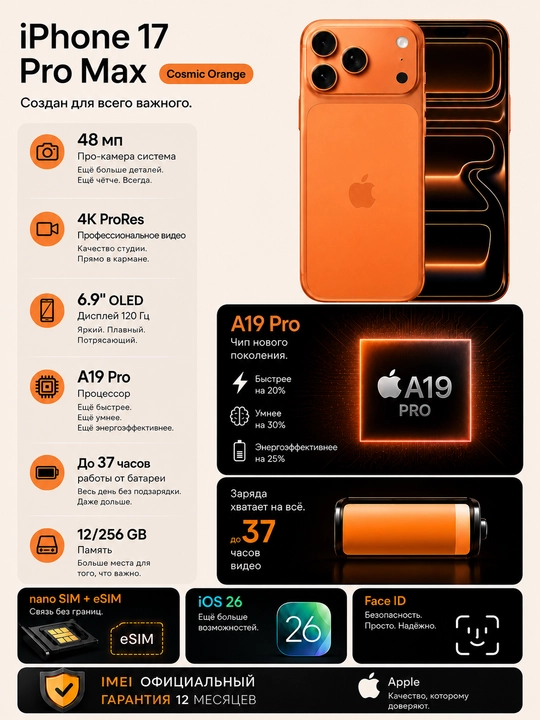 Apple iPhone 17 Pro Max 256GB, SIM + eSIM, IMEI пройден, Гарантия 1 год