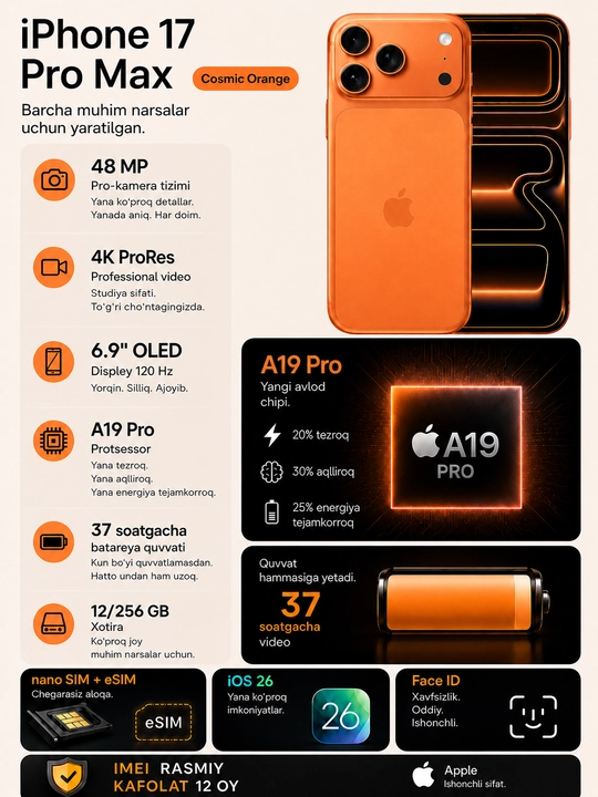 Apple iPhone 17 Pro Max 256GB, SIM + eSIM, IMEI пройден, Гарантия 1 год