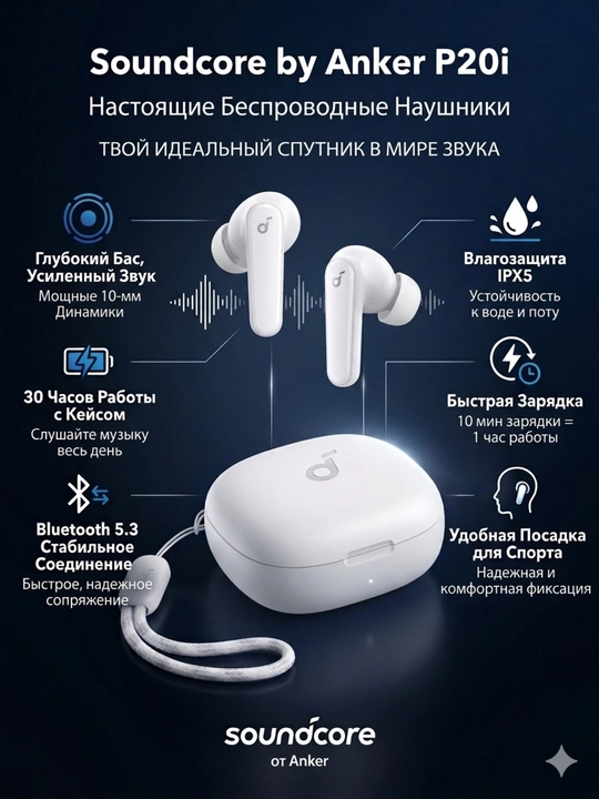 Simsiz quloqchinlar SoundCore P20i - kuchli bas, 30 soat simsiz musiqa - 
