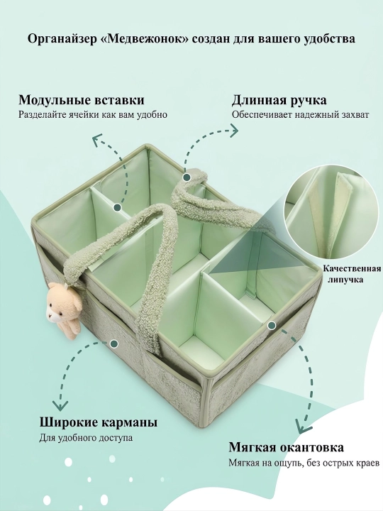 Сумка-органайзер для мам тканевая плюшевая, для подгузников и детских вещей, с мишкой