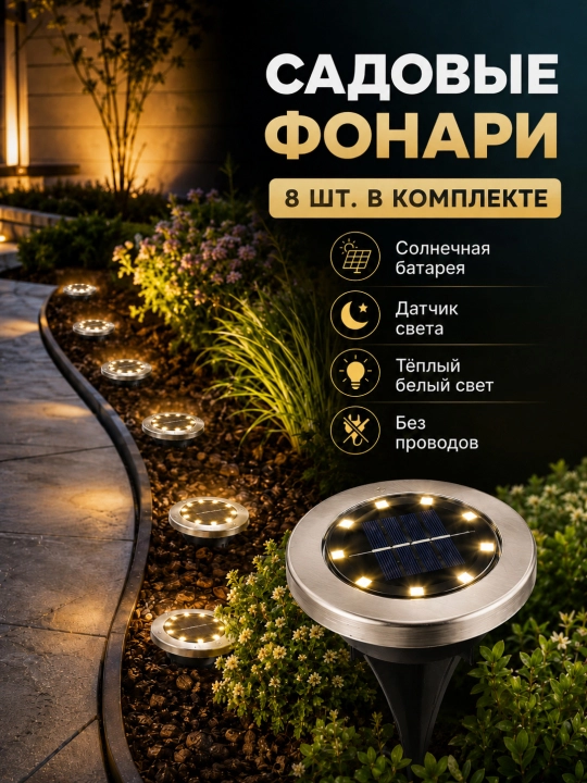 Садовые солнечные фонари для дорожек, 4, 8, 12 шт, белый тёплый свет - 