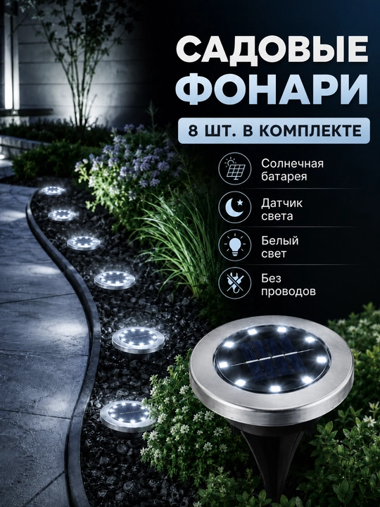 Садовые солнечные фонари для дорожек, 4, 8, 12 шт, белый тёплый свет - 