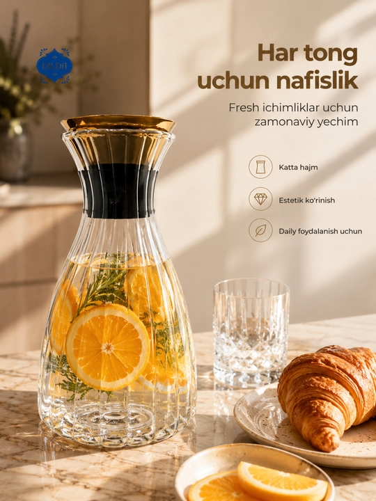 Shisha grafin dekanter metall qopqoqli suv, sharbat, limonad uchun servis idishi uyga