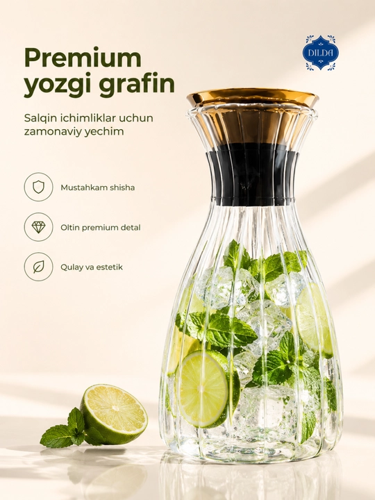 Shisha grafin dekanter metall qopqoqli suv, sharbat, limonad uchun servis idishi uyga