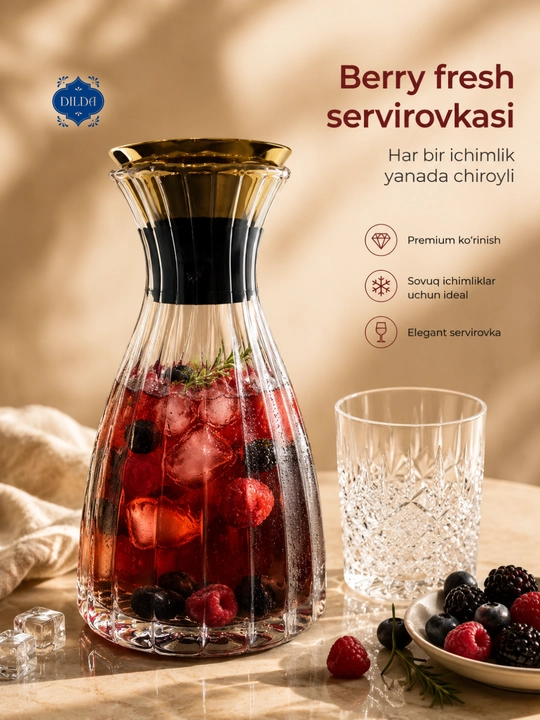 Shisha grafin dekanter metall qopqoqli suv, sharbat, limonad uchun servis idishi uyga