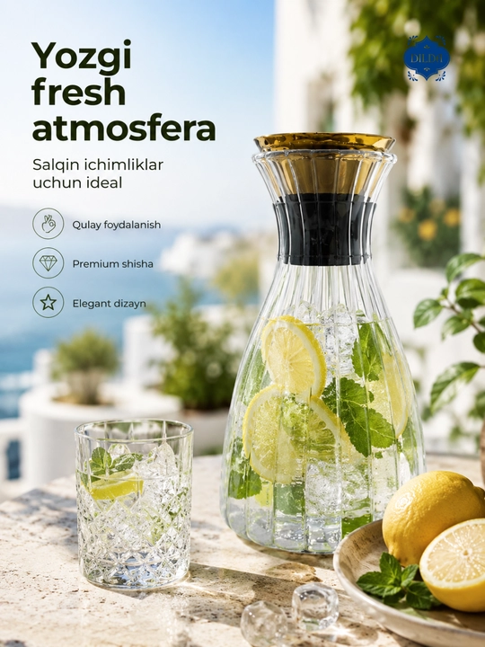 Shisha grafin dekanter metall qopqoqli suv, sharbat, limonad uchun servis idishi uyga