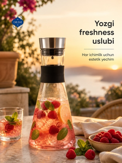 Shisha grafin dekanter metall qopqoqli suv, sharbat, limonad uchun servis idishi uyga - 