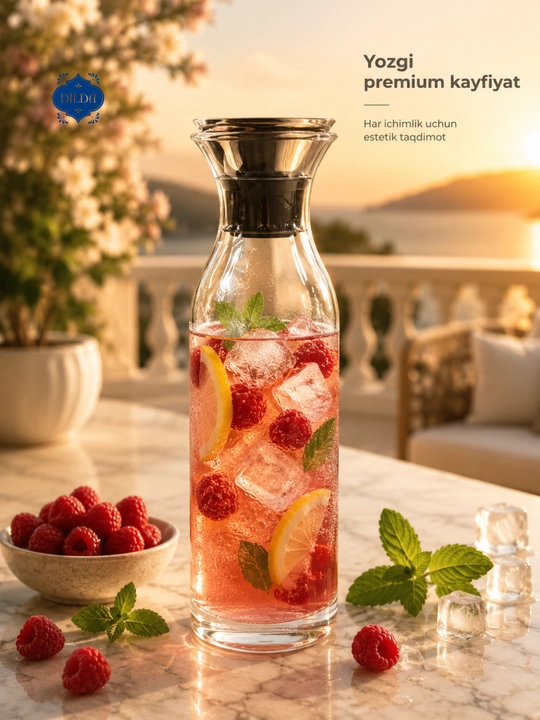 Shisha grafin dekanter metall qopqoqli suv, sharbat, limonad uchun servis idishi uyga