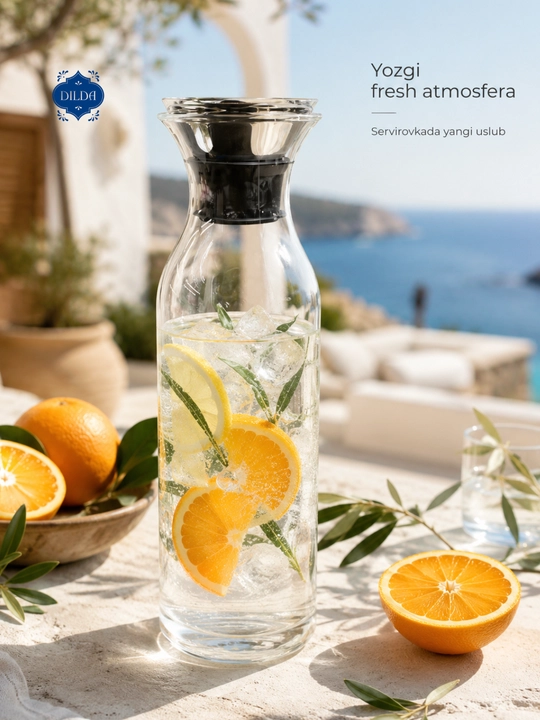Shisha grafin dekanter metall qopqoqli suv, sharbat, limonad uchun servis idishi uyga
