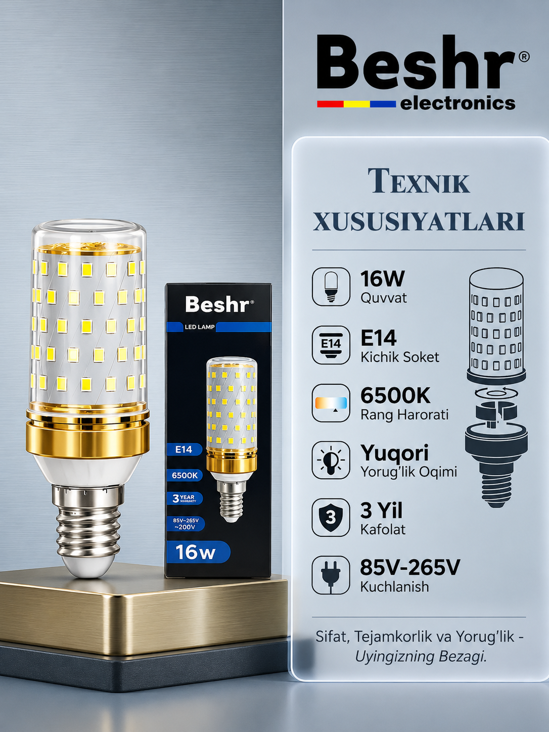 Beshr LED chiroq, kichik E14 rozetka, 16W, 6500K