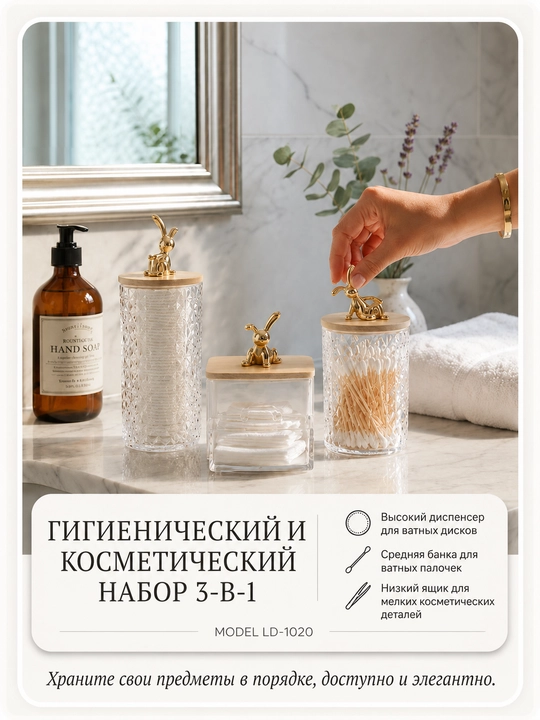 Набор пластик под стекло баночек, с крышками, для хранения ватных дисков и ватных палочек