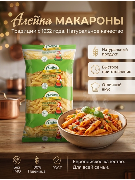 Макаронные изделия "Алейка", Перья рифлёные, высший сорт, с Алтайского края, 800 гр - 