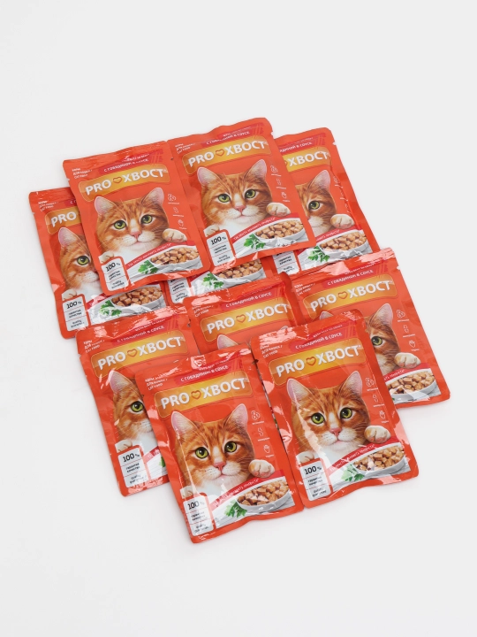 ProХвост mushuklar uchun nam yem, sousdagi mol go‘shti bilan, 85 gr 10 dona