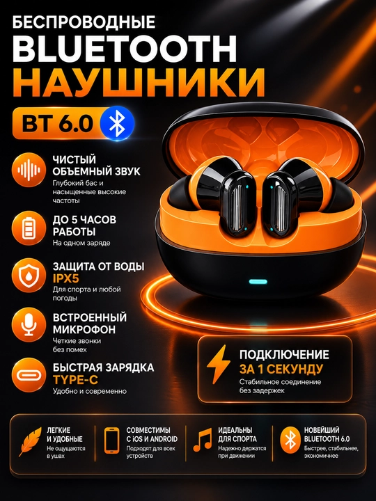 Mikrofon, sensorli boshqaruv va IPX5 himoyasi bilan simsiz Bluetooth 6.0 minigarnituralari - 
