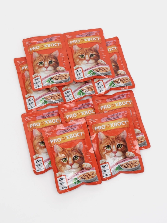 ProХвост mushuklar uchun nam yem, buzoq va qo‘zichoq go‘shti bilan, 85 gr 10 dona