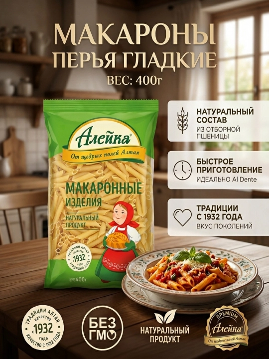 Макаронные изделия "Алейка", Перья гладкие, высший сорт, без добавок и красителей, 400 гр - 