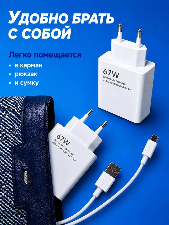 Type-C/USB kabeli bilan tez quvvatlash qurilmasi, quvvati 33/67/120/150/200 Vt, 6A