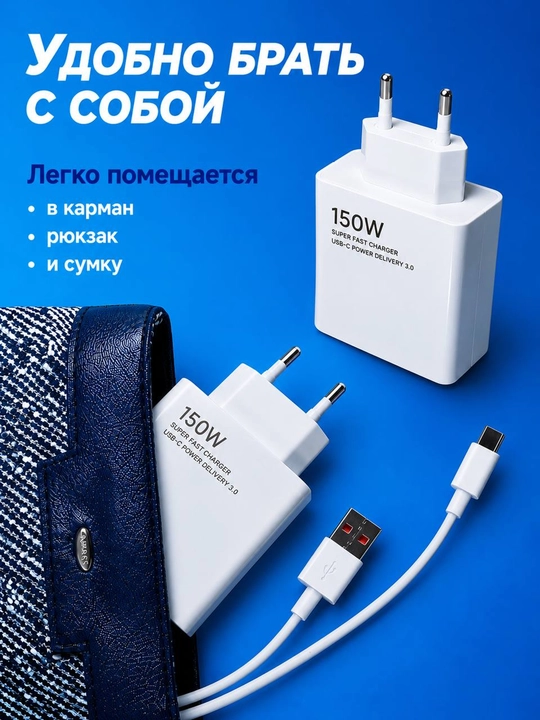 Type-C/USB kabeli bilan tez quvvatlash qurilmasi, quvvati 33/67/120/150/200 Vt, 6A