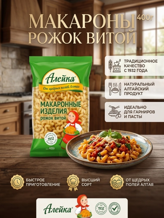Макаронные изделия "Алейка", Рожок витой, высший сорт,  400 гр - 