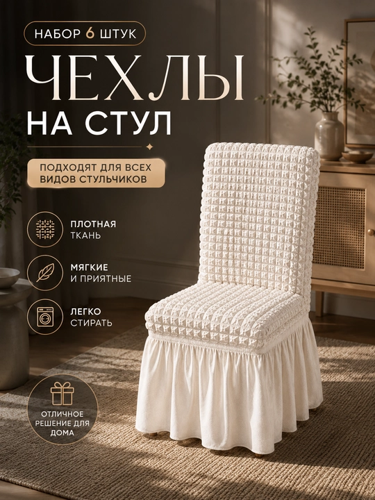 Чехлы на стулья универсальные эластичные с оборкой, набор 6 штук - 