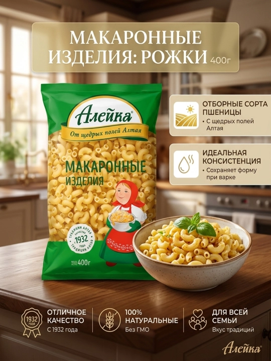 "Aleyka" makaron mahsulotlari, 400 g, Oltoydan, oliy nav, Rojki - 