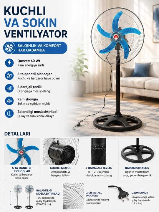 5 Parrakli Metall Pol Ventilyatori 60W, 3 Tezlikli, Balandligi Sozlanadigan - 