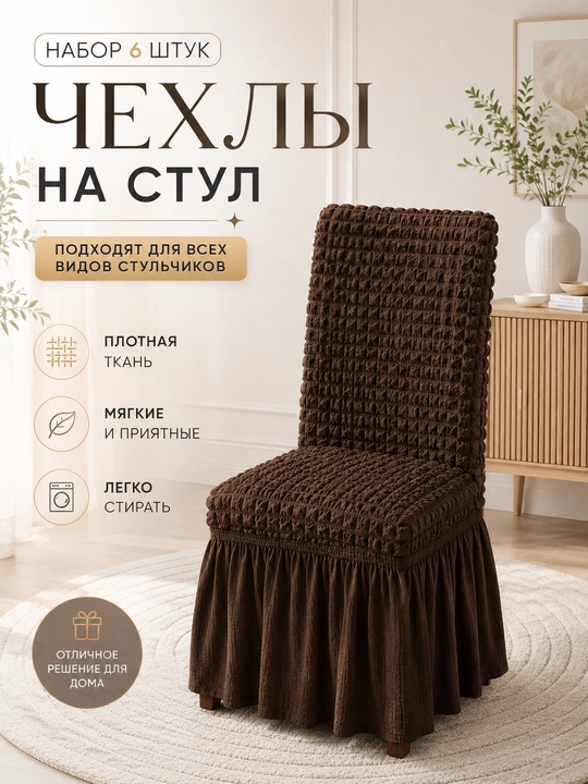 Чехлы на стулья универсальные эластичные с оборкой, набор 6 штук - 