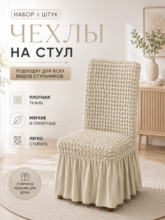 Чехлы на стулья универсальные эластичные с оборкой, набор 6 штук - 