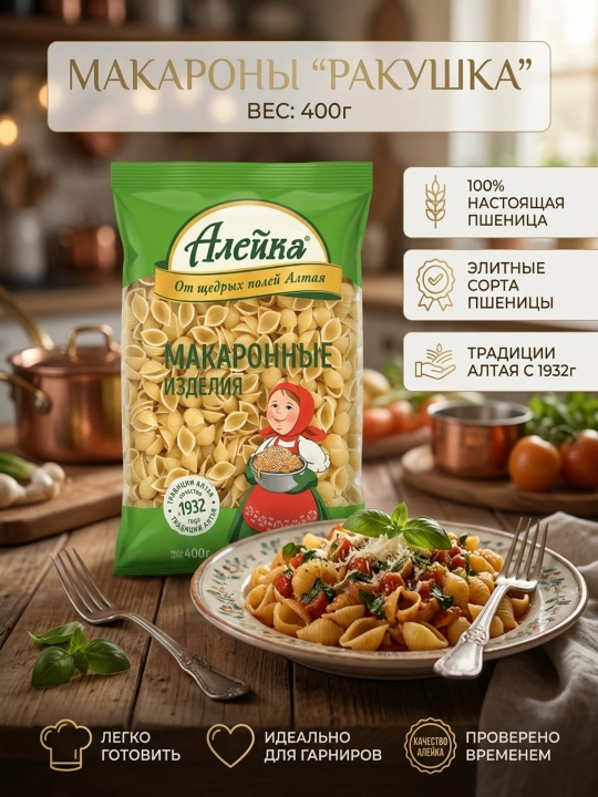 Макаронные изделия "Алейка", высший сорт, Ракушка, с Алтая, 400 гр - 