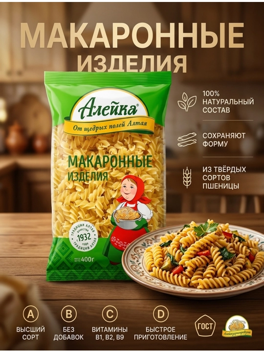 Макаронные изделия Алейка спирали из высшего сорта пшеницы 400 гр - 