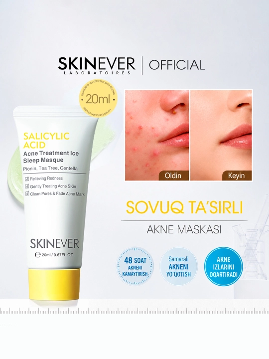 SKINEVER Akne va husnbuzarlarga qarshi tungi yuz niqobi, salitsil kislotasi bilan, 20 ml - 