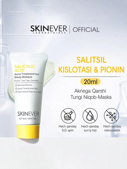 SKINEVER Akne va husnbuzarlarga qarshi tungi yuz niqobi, salitsil kislotasi bilan, 20 ml