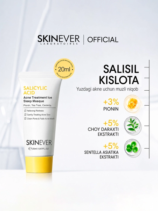 SKINEVER Akne va husnbuzarlarga qarshi tungi yuz niqobi, salitsil kislotasi bilan, 20 ml