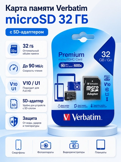 Карта памяти microSD 32/64 ГБ с адаптером, для телефона, камеры и видеорегистратора