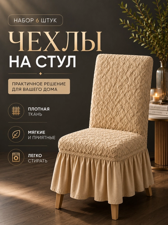 Чехлы на стулья универсальные эластичные с оборкой, набор 6 штук - 