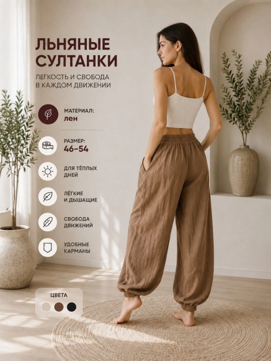 Ayollar uchun  zig‘ir, viskoza/bambuk keng shim va kalta ishton, standart o‘lcham 48/54