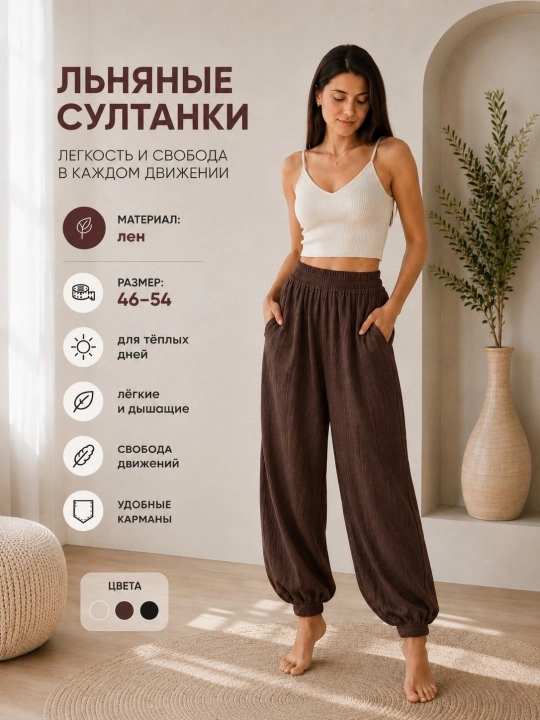 Женские летние льняные, вискоза/бамбуковые широкие брюки и султанки, стандарт размер 48/54 - 