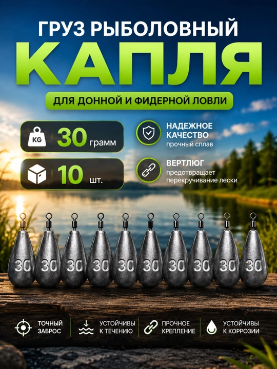 Рыболовный груз «Капля» 30 грамм, набор 10 шт - 