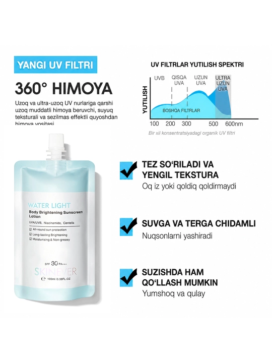 SKINEVER Water Light tana uchun yorituvchi va quyoshdan himoya losyoni SPF 30, 100ml