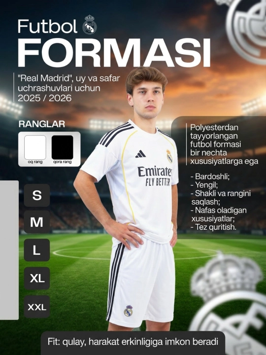 Футбольная форма, Real madrid, Размеры, S, M, L, XL, XXL