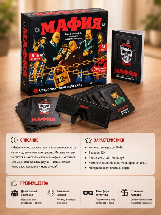 “Mafiya” stol o‘yini, 8-16 o‘yinchi uchun party game to‘plami