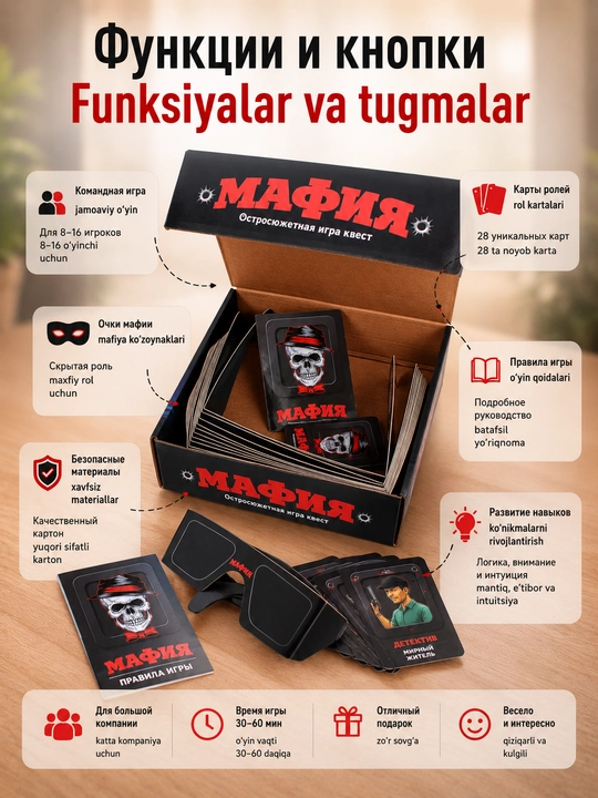 “Mafiya” stol o‘yini, 8-16 o‘yinchi uchun party game to‘plami