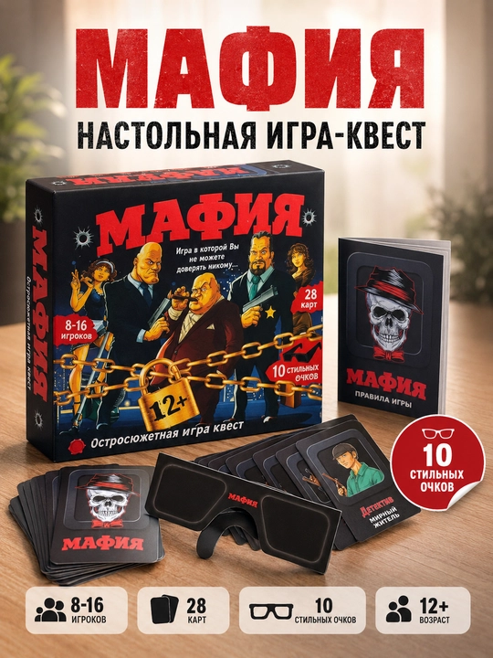 “Mafiya” stol o‘yini, 8-16 o‘yinchi uchun party game to‘plami - 