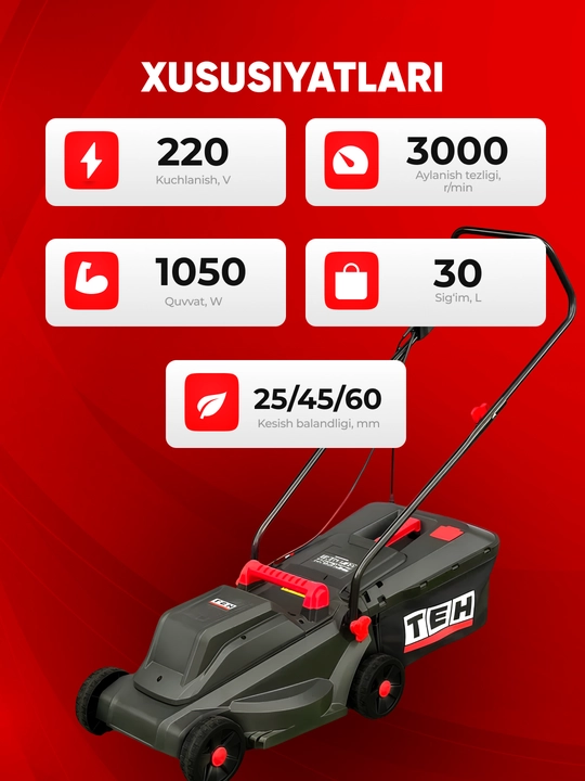 Elektr gazon o‘ruvchi TEH TLM32011, 1050 Vt, 3000 ayl/min, 30 l o't yiguvchi, qora
