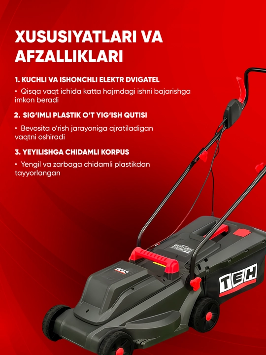 Elektr gazon o‘ruvchi TEH TLM32011, 1050 Vt, 3000 ayl/min, 30 l o't yiguvchi, qora