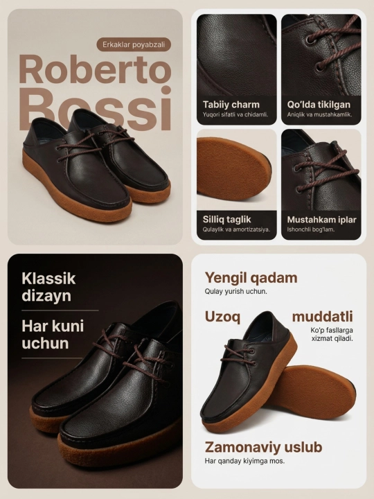 Roberto Bossi erkaklar charm mokasinlari, bahor, yoz, kuz, o'lchamlari 39 dan 44 gacha