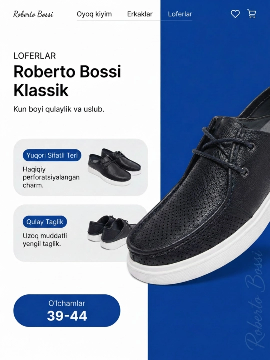Roberto Bossi erkaklar charm mokasinlari, bahor, yoz, kuz, o'lchamlari 39 dan 44 gacha - 